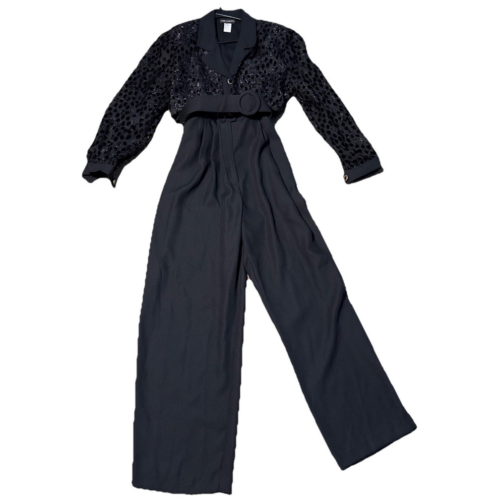 Vintage John Roberts Womens 16 Black Belted Jumpsuit Flocked Velvet Long Sleeve